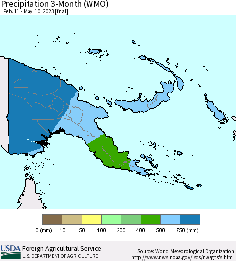 Papua New Guinea Precipitation 3-Month (WMO) Thematic Map For 2/11/2023 - 5/10/2023