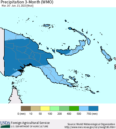 Papua New Guinea Precipitation 3-Month (WMO) Thematic Map For 3/16/2023 - 6/15/2023