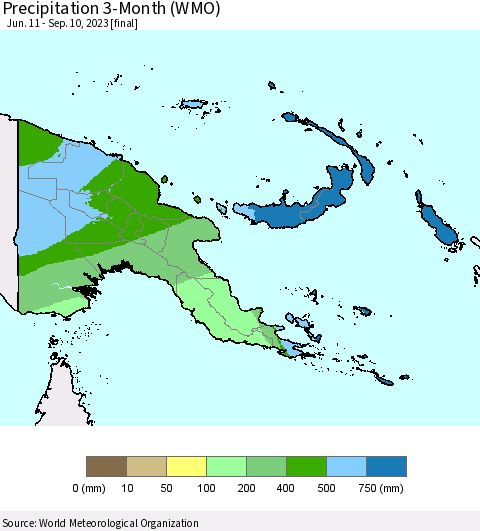 Papua New Guinea Precipitation 3-Month (WMO) Thematic Map For 6/11/2023 - 9/10/2023