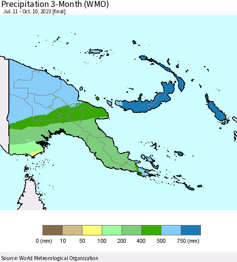 Papua New Guinea Precipitation 3-Month (WMO) Thematic Map For 7/11/2023 - 10/10/2023