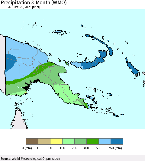 Papua New Guinea Precipitation 3-Month (WMO) Thematic Map For 7/26/2023 - 10/25/2023