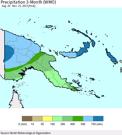 Papua New Guinea Precipitation 3-Month (WMO) Thematic Map For 8/26/2023 - 11/25/2023