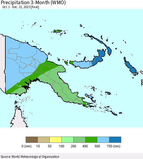 Papua New Guinea Precipitation 3-Month (WMO) Thematic Map For 10/1/2023 - 12/31/2023