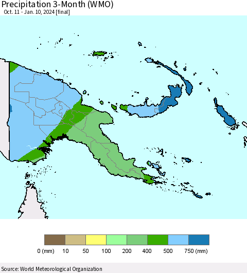 Papua New Guinea Precipitation 3-Month (WMO) Thematic Map For 10/11/2023 - 1/10/2024