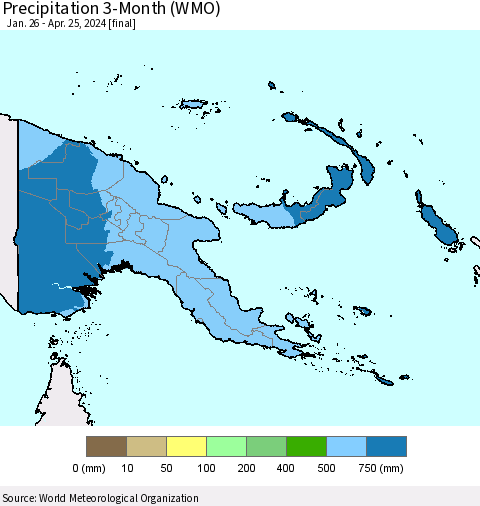 Papua New Guinea Precipitation 3-Month (WMO) Thematic Map For 1/26/2024 - 4/25/2024