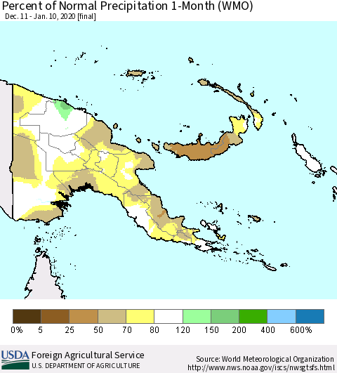 Papua New Guinea Percent of Normal Precipitation 1-Month (WMO) Thematic Map For 12/11/2019 - 1/10/2020
