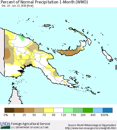 Papua New Guinea Percent of Normal Precipitation 1-Month (WMO) Thematic Map For 12/16/2019 - 1/15/2020