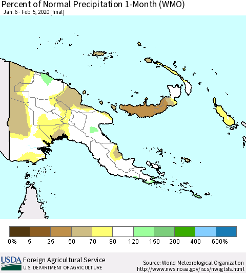 Papua New Guinea Percent of Normal Precipitation 1-Month (WMO) Thematic Map For 1/6/2020 - 2/5/2020