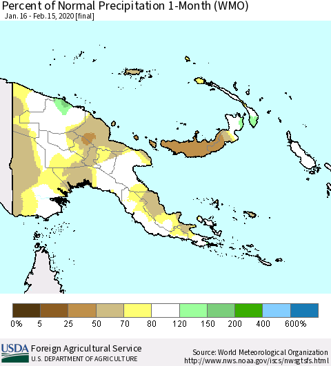 Papua New Guinea Percent of Normal Precipitation 1-Month (WMO) Thematic Map For 1/16/2020 - 2/15/2020