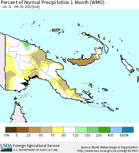 Papua New Guinea Percent of Normal Precipitation 1-Month (WMO) Thematic Map For 1/21/2020 - 2/20/2020