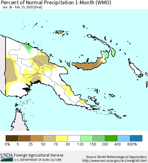 Papua New Guinea Percent of Normal Precipitation 1-Month (WMO) Thematic Map For 1/26/2020 - 2/25/2020