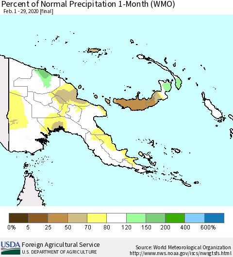 Papua New Guinea Percent of Normal Precipitation 1-Month (WMO) Thematic Map For 2/1/2020 - 2/29/2020