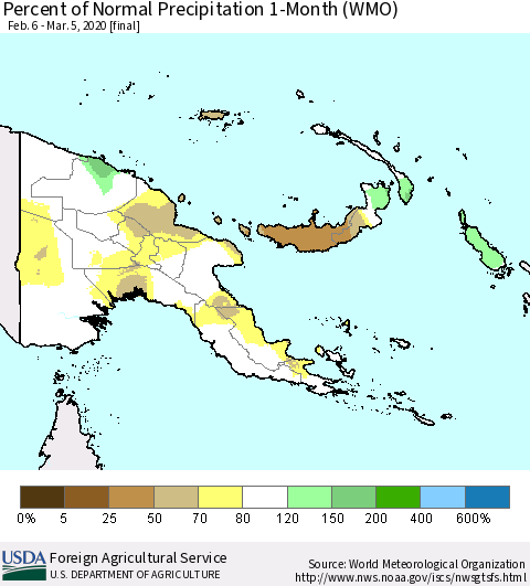 Papua New Guinea Percent of Normal Precipitation 1-Month (WMO) Thematic Map For 2/6/2020 - 3/5/2020