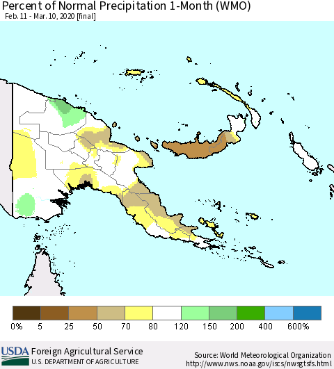 Papua New Guinea Percent of Normal Precipitation 1-Month (WMO) Thematic Map For 2/11/2020 - 3/10/2020