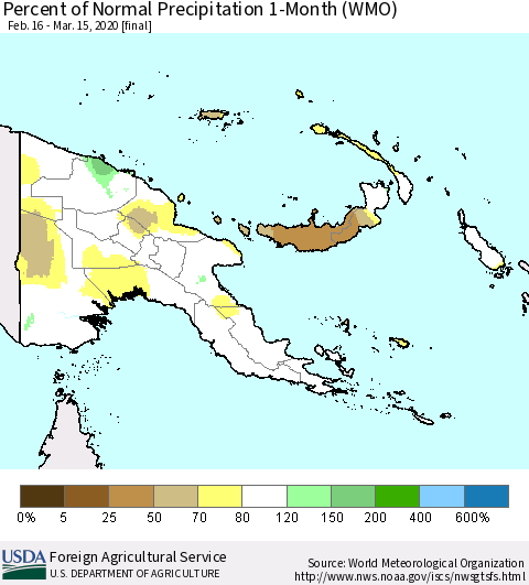 Papua New Guinea Percent of Normal Precipitation 1-Month (WMO) Thematic Map For 2/16/2020 - 3/15/2020