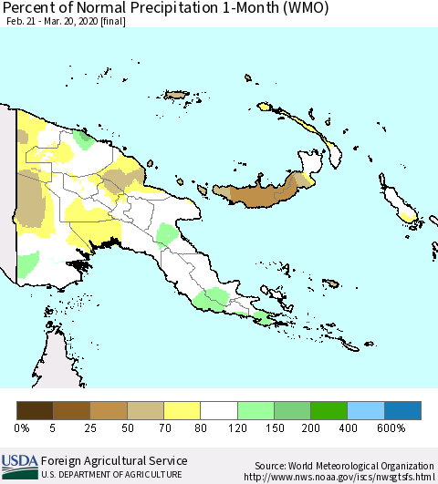 Papua New Guinea Percent of Normal Precipitation 1-Month (WMO) Thematic Map For 2/21/2020 - 3/20/2020