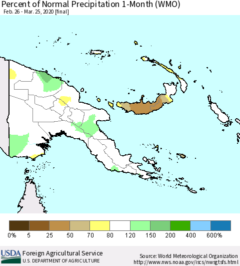 Papua New Guinea Percent of Normal Precipitation 1-Month (WMO) Thematic Map For 2/26/2020 - 3/25/2020