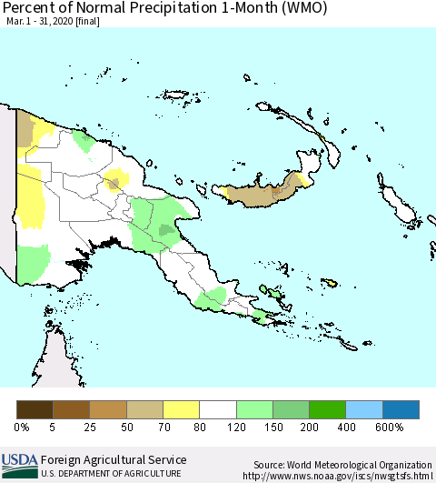 Papua New Guinea Percent of Normal Precipitation 1-Month (WMO) Thematic Map For 3/1/2020 - 3/31/2020