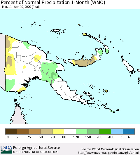 Papua New Guinea Percent of Normal Precipitation 1-Month (WMO) Thematic Map For 3/11/2020 - 4/10/2020