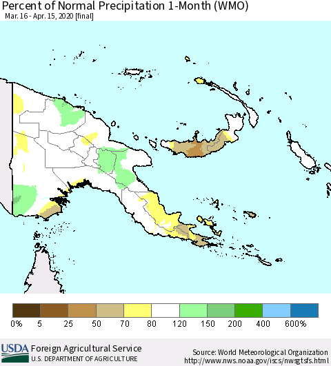 Papua New Guinea Percent of Normal Precipitation 1-Month (WMO) Thematic Map For 3/16/2020 - 4/15/2020
