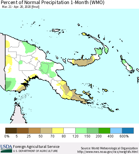 Papua New Guinea Percent of Normal Precipitation 1-Month (WMO) Thematic Map For 3/21/2020 - 4/20/2020