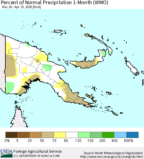 Papua New Guinea Percent of Normal Precipitation 1-Month (WMO) Thematic Map For 3/26/2020 - 4/25/2020