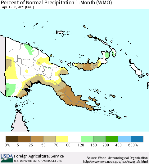 Papua New Guinea Percent of Normal Precipitation 1-Month (WMO) Thematic Map For 4/1/2020 - 4/30/2020