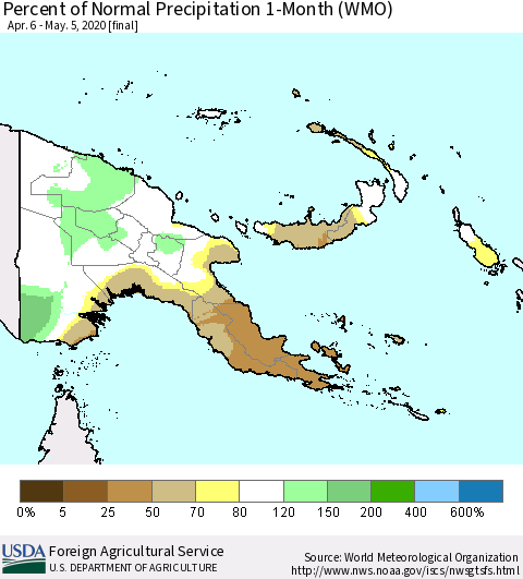 Papua New Guinea Percent of Normal Precipitation 1-Month (WMO) Thematic Map For 4/6/2020 - 5/5/2020