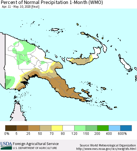 Papua New Guinea Percent of Normal Precipitation 1-Month (WMO) Thematic Map For 4/11/2020 - 5/10/2020