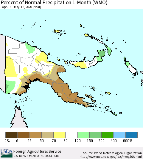Papua New Guinea Percent of Normal Precipitation 1-Month (WMO) Thematic Map For 4/16/2020 - 5/15/2020