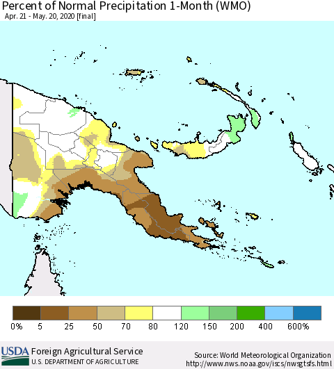 Papua New Guinea Percent of Normal Precipitation 1-Month (WMO) Thematic Map For 4/21/2020 - 5/20/2020