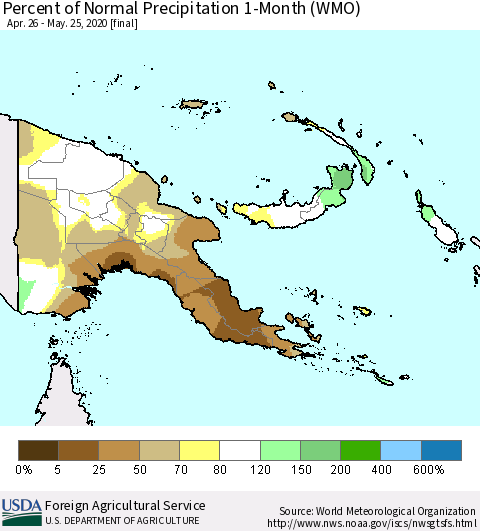 Papua New Guinea Percent of Normal Precipitation 1-Month (WMO) Thematic Map For 4/26/2020 - 5/25/2020