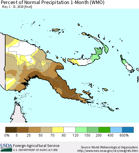 Papua New Guinea Percent of Normal Precipitation 1-Month (WMO) Thematic Map For 5/1/2020 - 5/31/2020