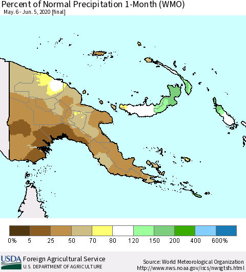 Papua New Guinea Percent of Normal Precipitation 1-Month (WMO) Thematic Map For 5/6/2020 - 6/5/2020