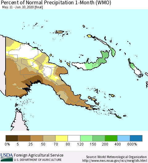 Papua New Guinea Percent of Normal Precipitation 1-Month (WMO) Thematic Map For 5/11/2020 - 6/10/2020