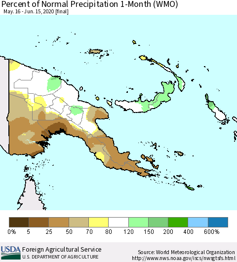 Papua New Guinea Percent of Normal Precipitation 1-Month (WMO) Thematic Map For 5/16/2020 - 6/15/2020