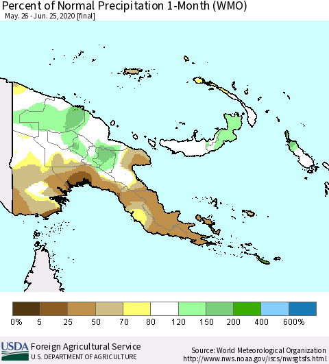 Papua New Guinea Percent of Normal Precipitation 1-Month (WMO) Thematic Map For 5/26/2020 - 6/25/2020