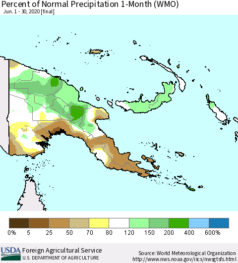 Papua New Guinea Percent of Normal Precipitation 1-Month (WMO) Thematic Map For 6/1/2020 - 6/30/2020