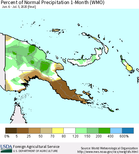 Papua New Guinea Percent of Normal Precipitation 1-Month (WMO) Thematic Map For 6/6/2020 - 7/5/2020