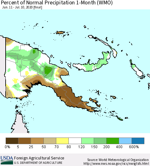 Papua New Guinea Percent of Normal Precipitation 1-Month (WMO) Thematic Map For 6/11/2020 - 7/10/2020