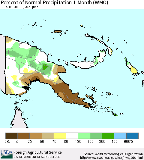 Papua New Guinea Percent of Normal Precipitation 1-Month (WMO) Thematic Map For 6/16/2020 - 7/15/2020