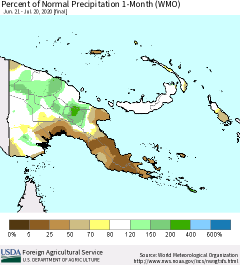 Papua New Guinea Percent of Normal Precipitation 1-Month (WMO) Thematic Map For 6/21/2020 - 7/20/2020