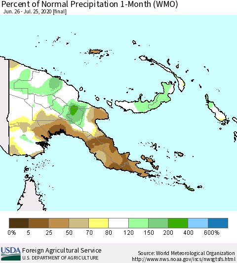 Papua New Guinea Percent of Normal Precipitation 1-Month (WMO) Thematic Map For 6/26/2020 - 7/25/2020