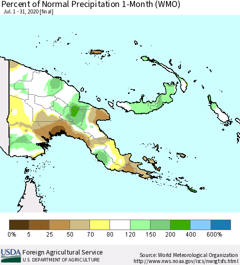 Papua New Guinea Percent of Normal Precipitation 1-Month (WMO) Thematic Map For 7/1/2020 - 7/31/2020