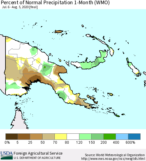 Papua New Guinea Percent of Normal Precipitation 1-Month (WMO) Thematic Map For 7/6/2020 - 8/5/2020