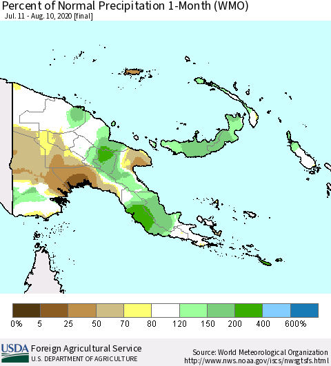 Papua New Guinea Percent of Normal Precipitation 1-Month (WMO) Thematic Map For 7/11/2020 - 8/10/2020