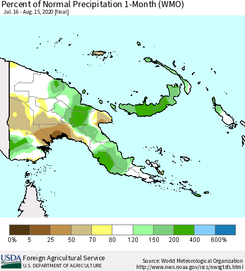 Papua New Guinea Percent of Normal Precipitation 1-Month (WMO) Thematic Map For 7/16/2020 - 8/15/2020