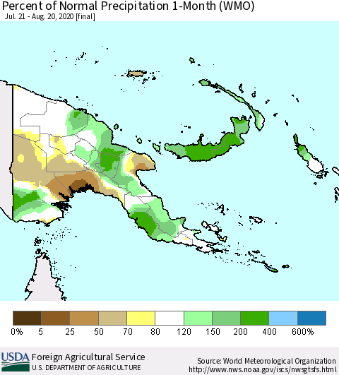 Papua New Guinea Percent of Normal Precipitation 1-Month (WMO) Thematic Map For 7/21/2020 - 8/20/2020