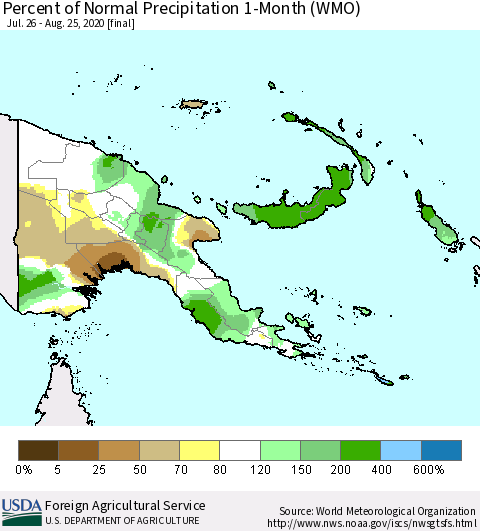 Papua New Guinea Percent of Normal Precipitation 1-Month (WMO) Thematic Map For 7/26/2020 - 8/25/2020