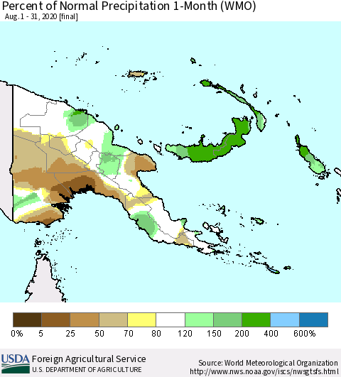 Papua New Guinea Percent of Normal Precipitation 1-Month (WMO) Thematic Map For 8/1/2020 - 8/31/2020